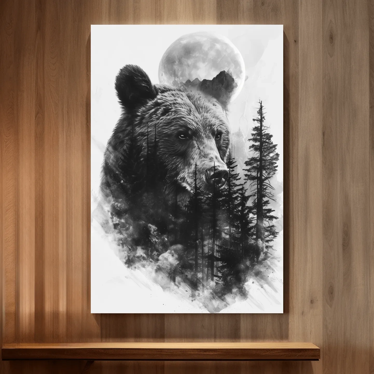 Drawing artwork of a bear, forest and moon, double exposure charcoal drawing style