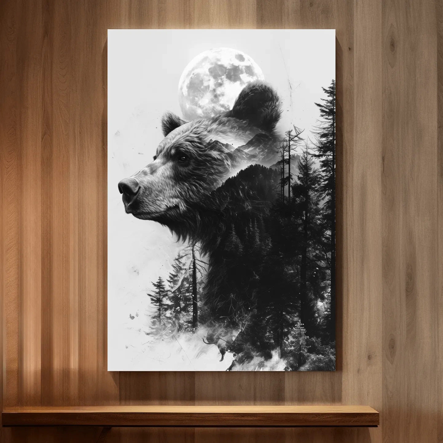 Double exposure style drawing artwork of a bear, forest, glacier and moon