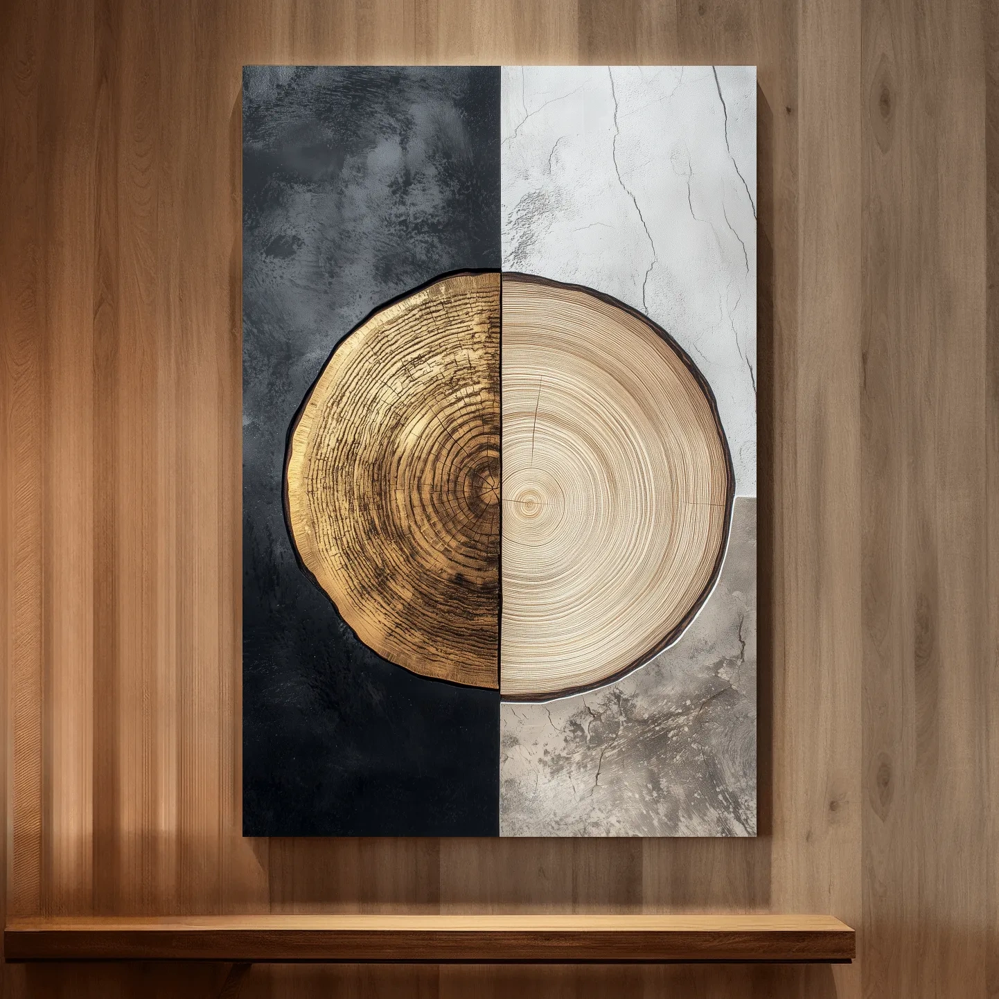 Rustic bohemian style tree ring artwork, split texture wood wall art