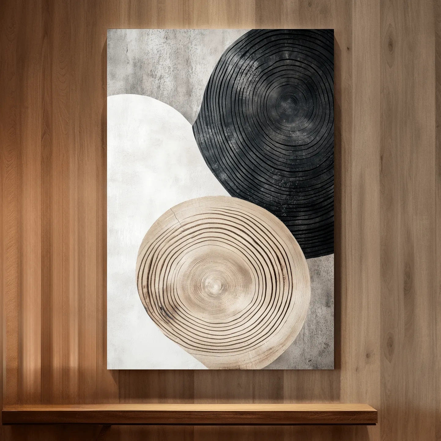 Minimalist Black Beige Wood Grain Circles - Modern Rustic Wall Art
