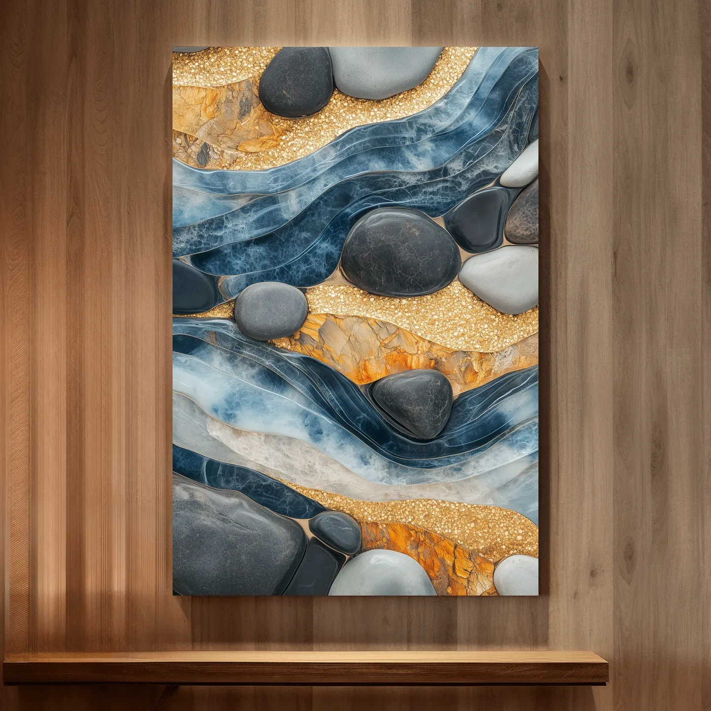 Natural stone and river rock wall artwork, abstract layered design