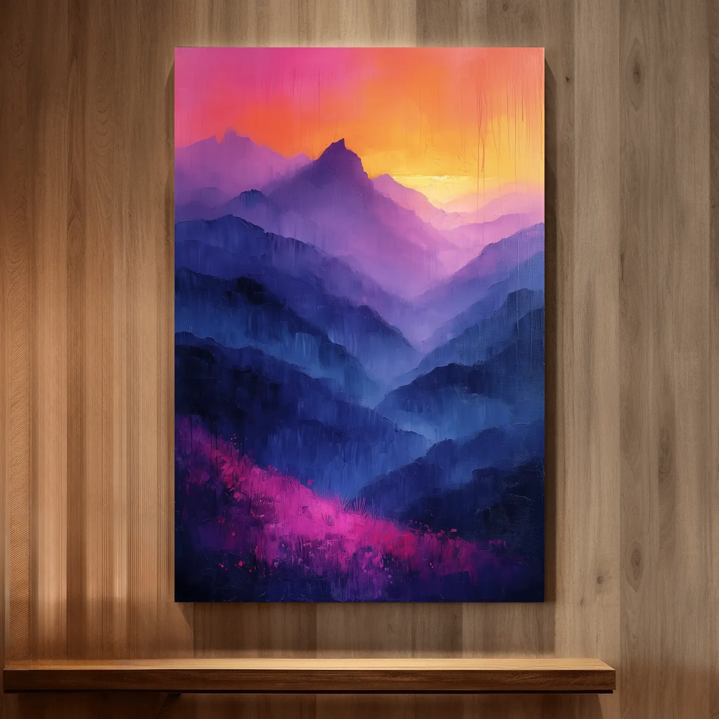 Colorful mountain sunset artwork, vibrant oil painting effect