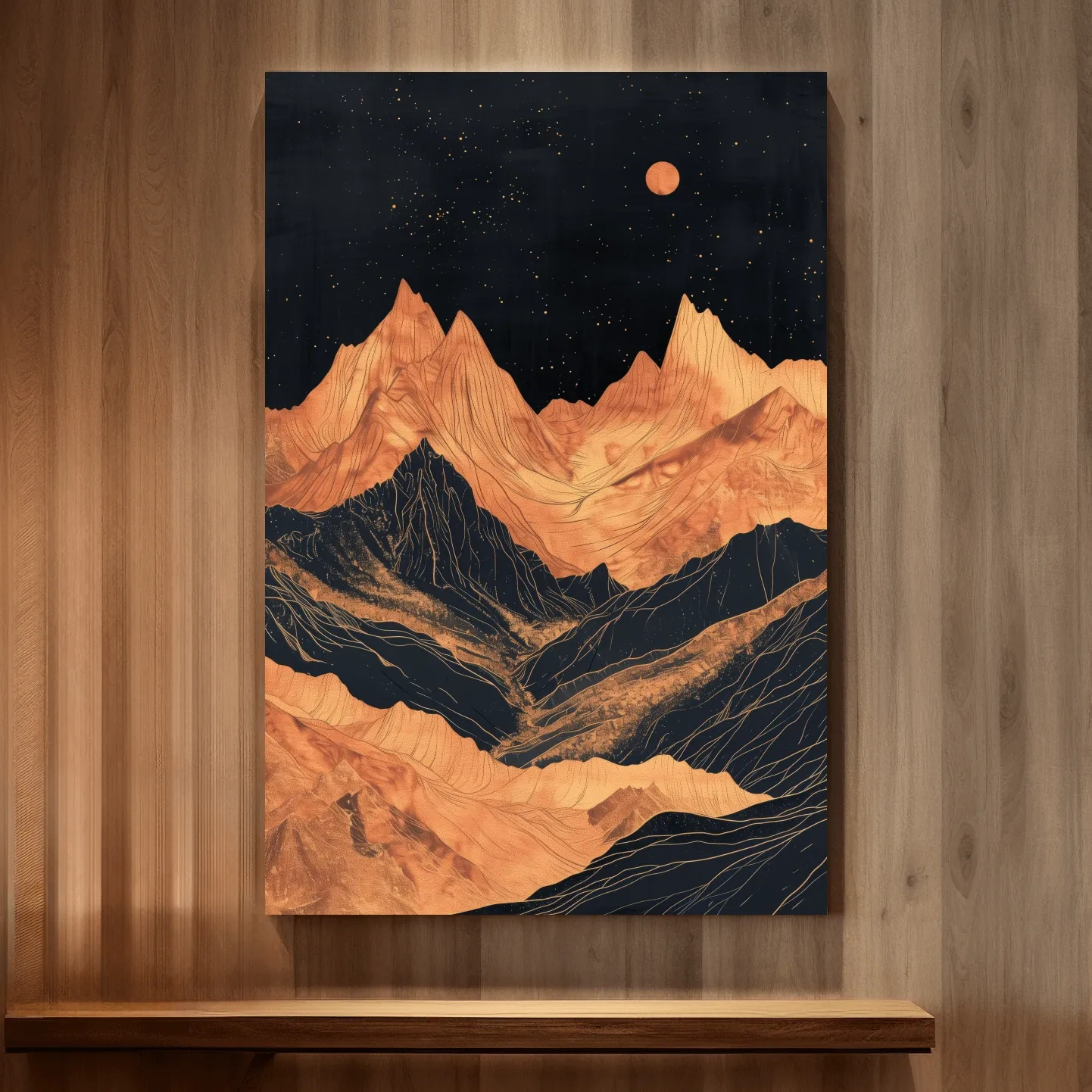 Moonlit elegant mountain artwork, metallic block print effect