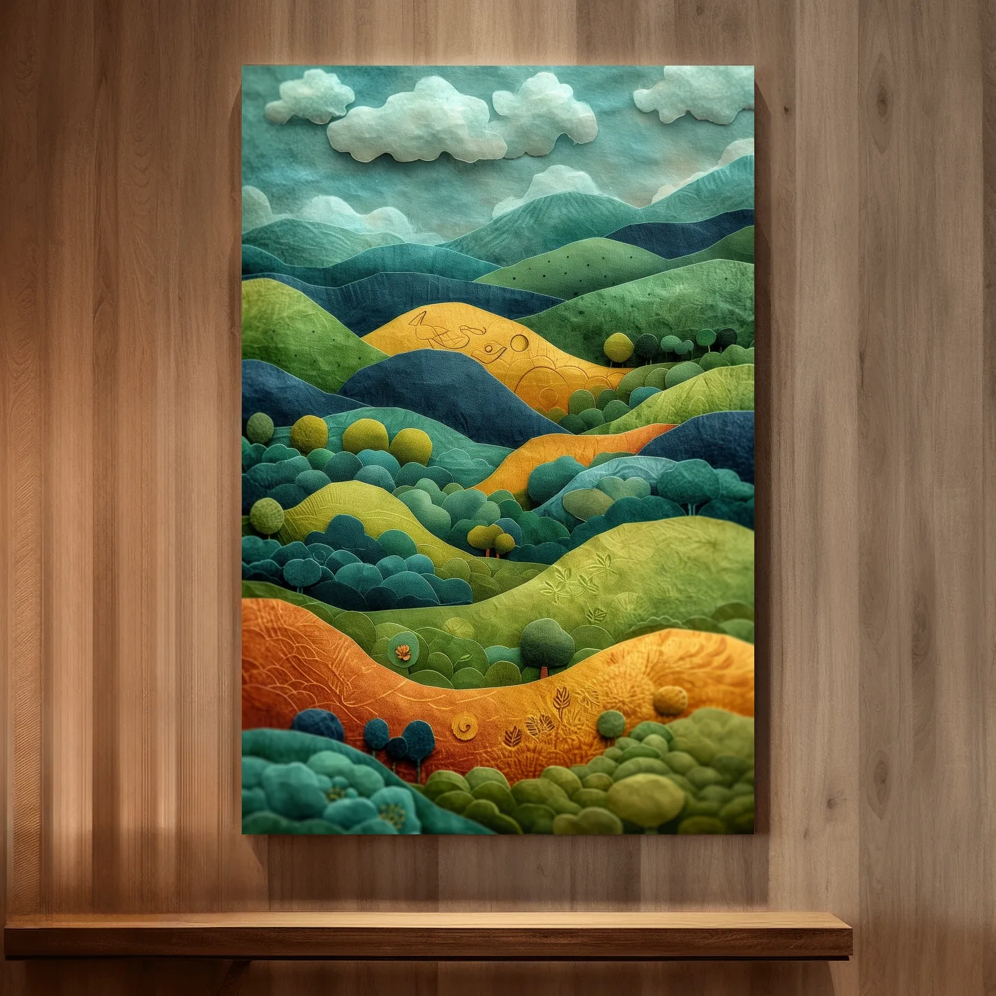 Abstract surreal mountain scene artwork, whimsical landscape in 3D layered style