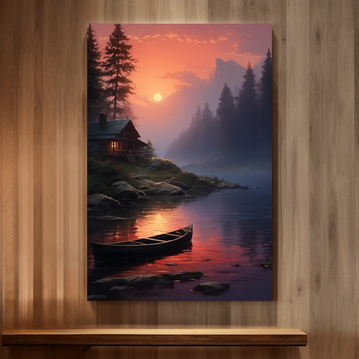 Beautiful painting of a cabin on a misty lake at sunset