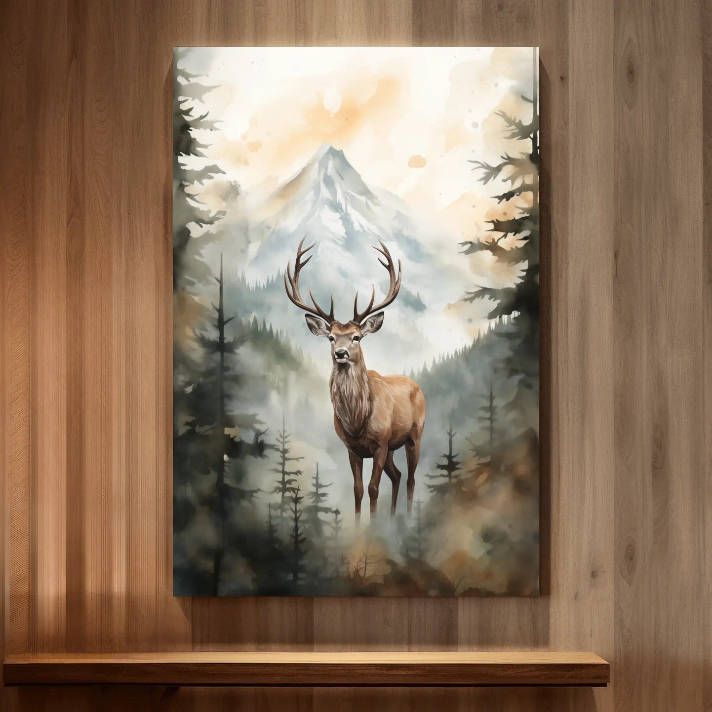 Watercolour painting of a deer standing in a misty forest