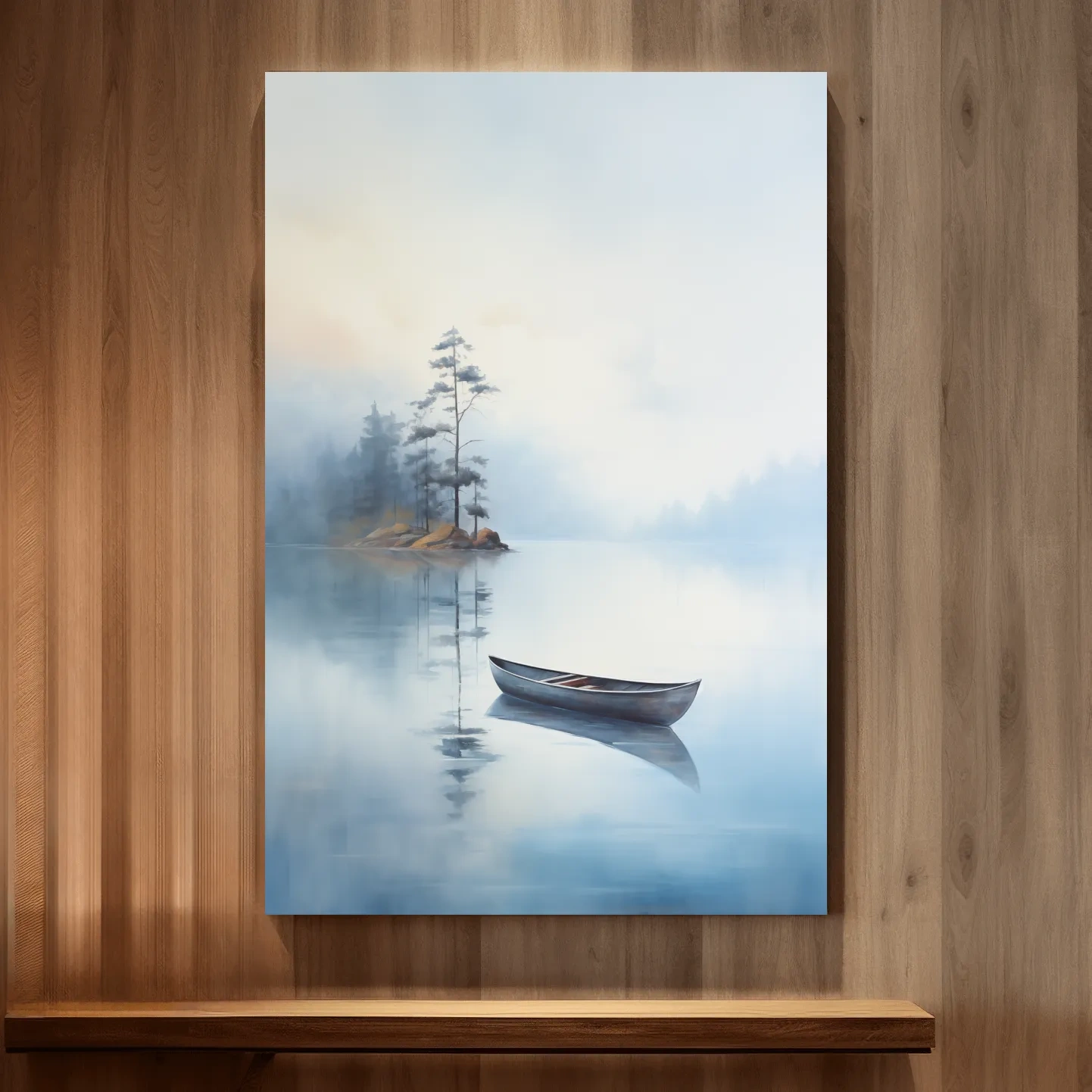 Watercolor painting, canoe on a misty lake, serene wall artwork