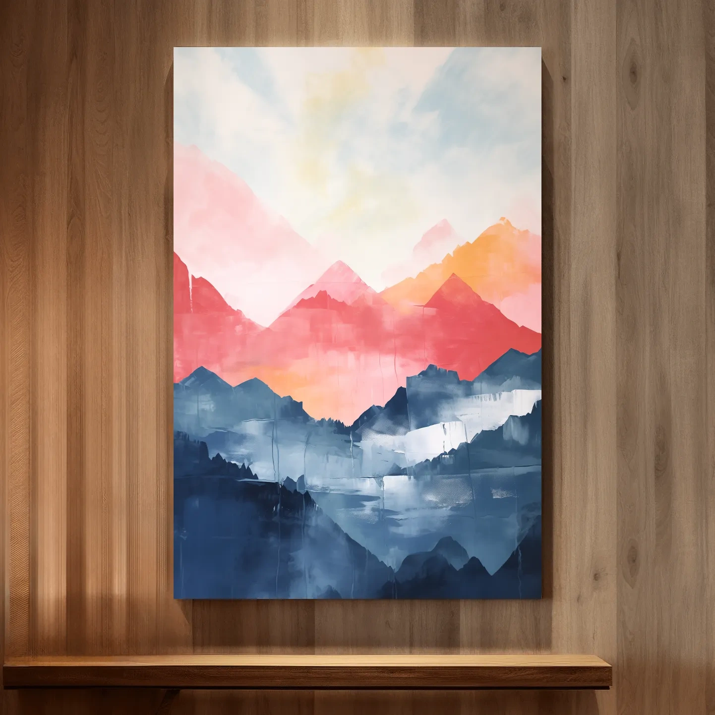 Colorful abstract mountain wall art, vibrant watercolor style painting