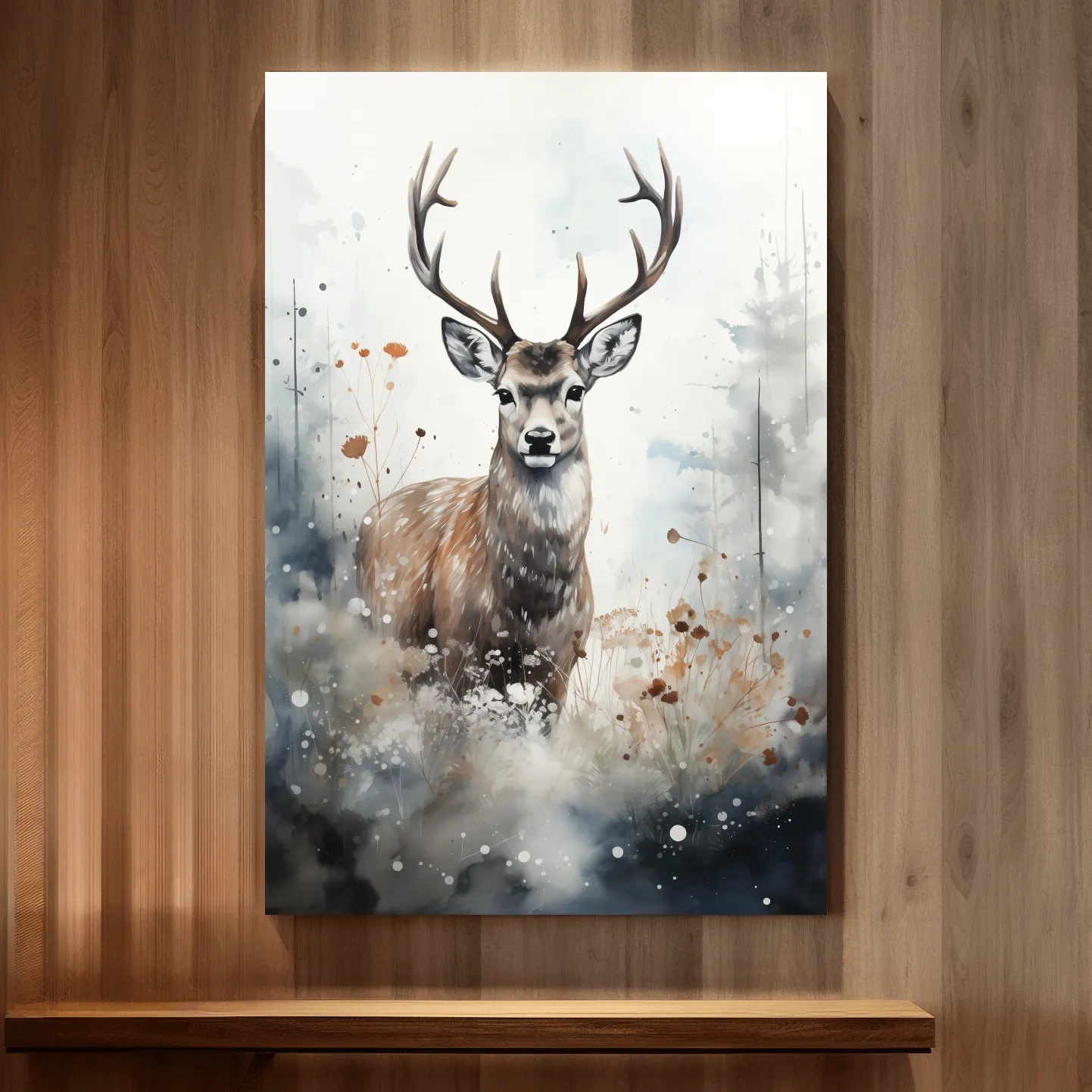 Rough textured watercolour painting of a deer buck standing in the forest