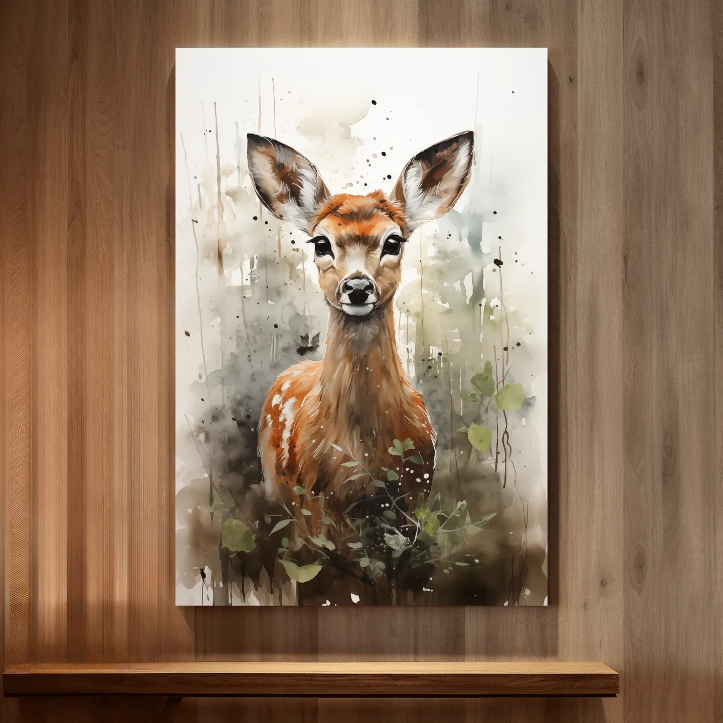 Watercolor fawn wall art, delicate forest setting artwork