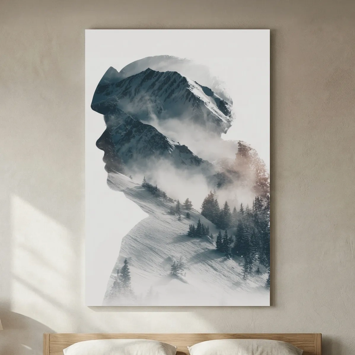 Surreal Double Exposure Skier & Mountain Portrait - Moody Misty Alpine Forest Wall Art