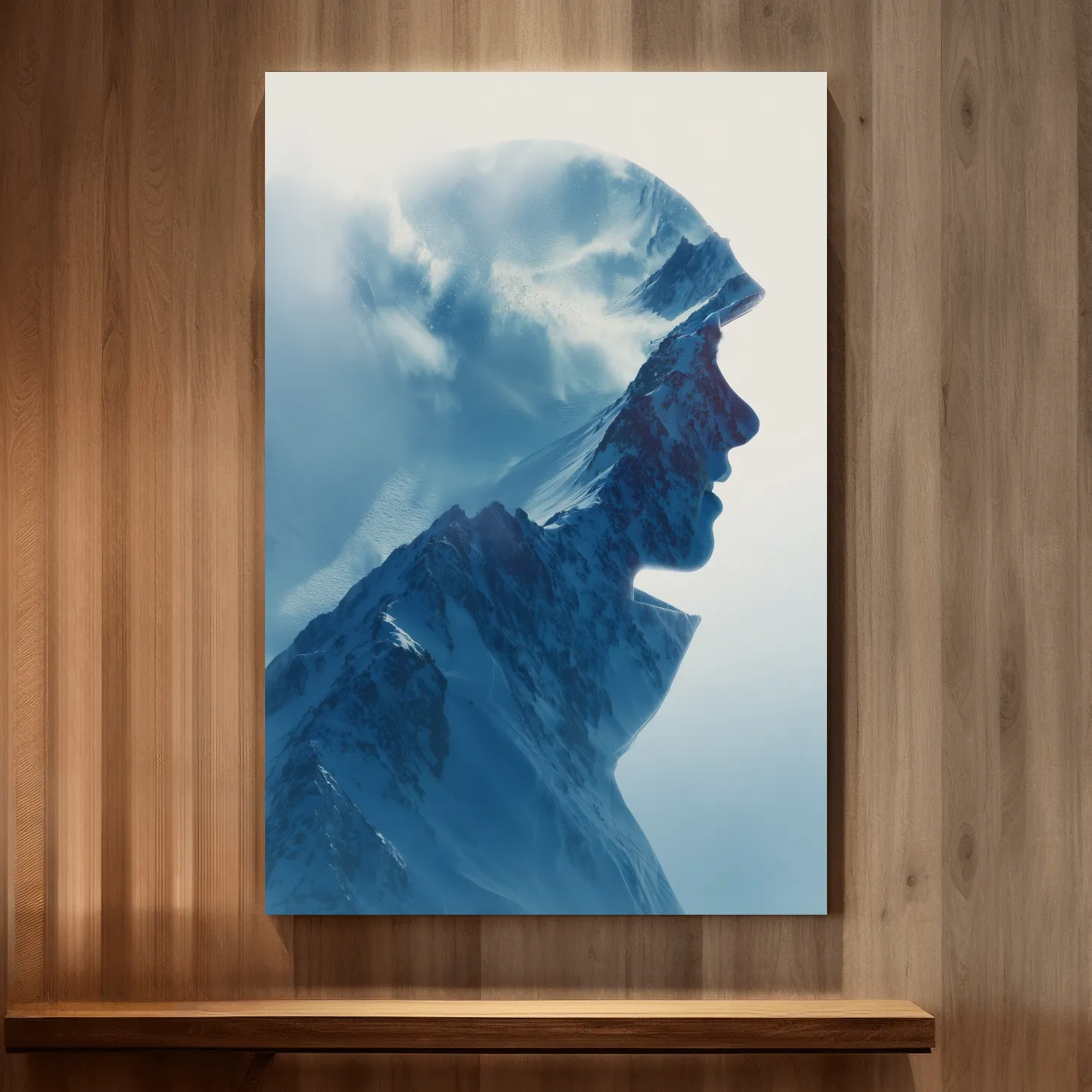 Double Exposure Mountain & Skier Portrait - Modern Snowy Alpine Wall Art