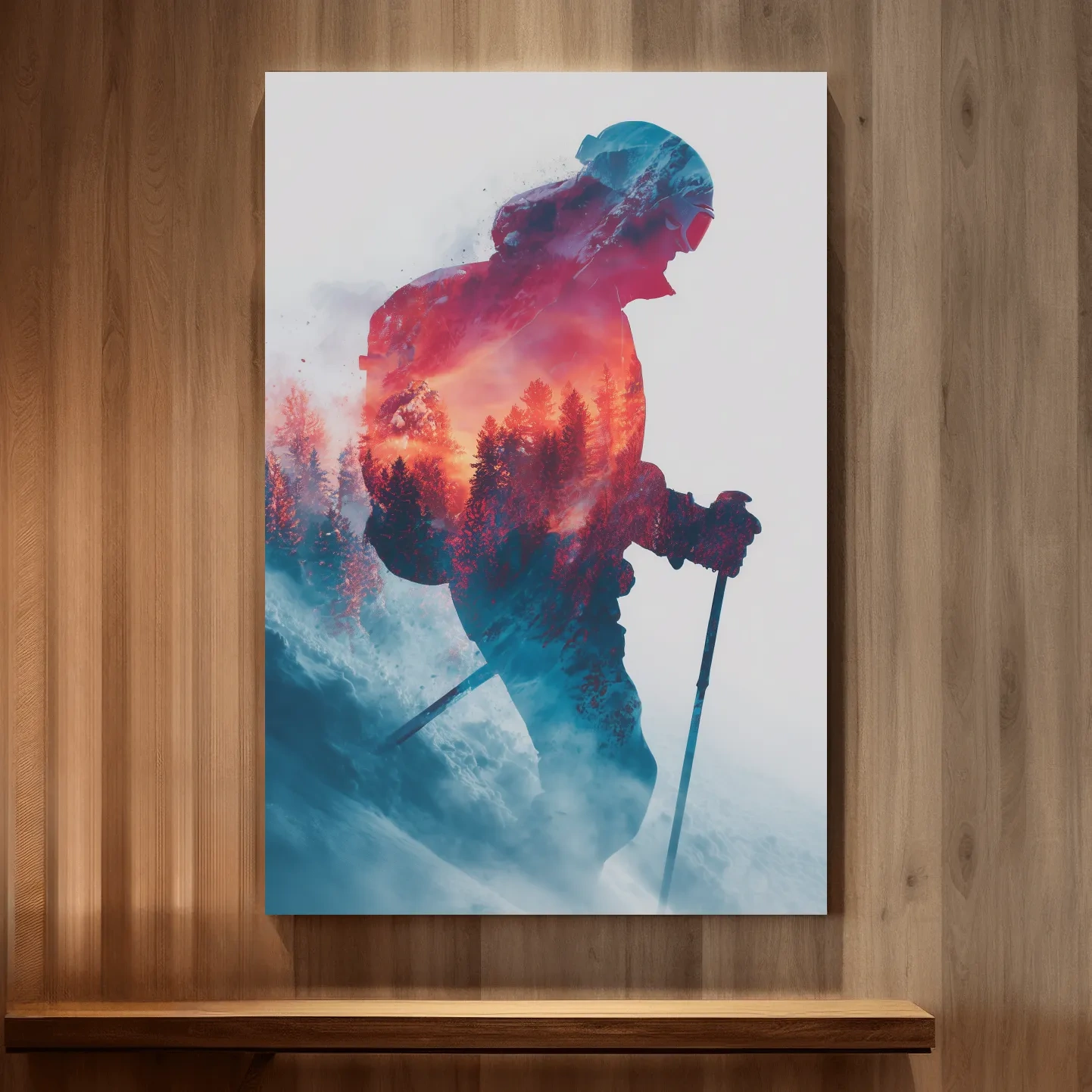 Skiing photography wall artwork, vibrant double exposure sunset and forest scene