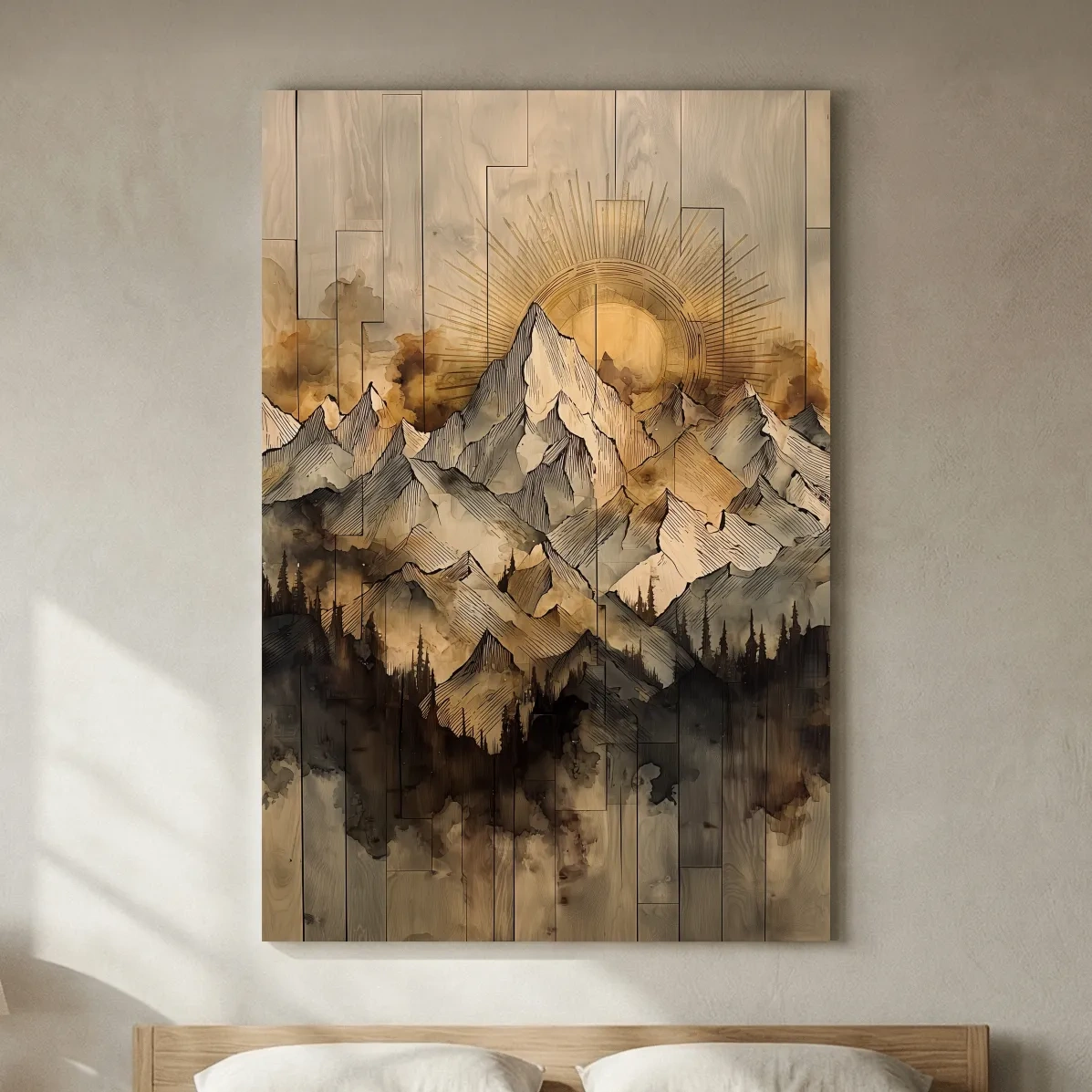 Sunrise Alpine Mountain Range Illustration - Rustic Watercolor Landscape Wall Art