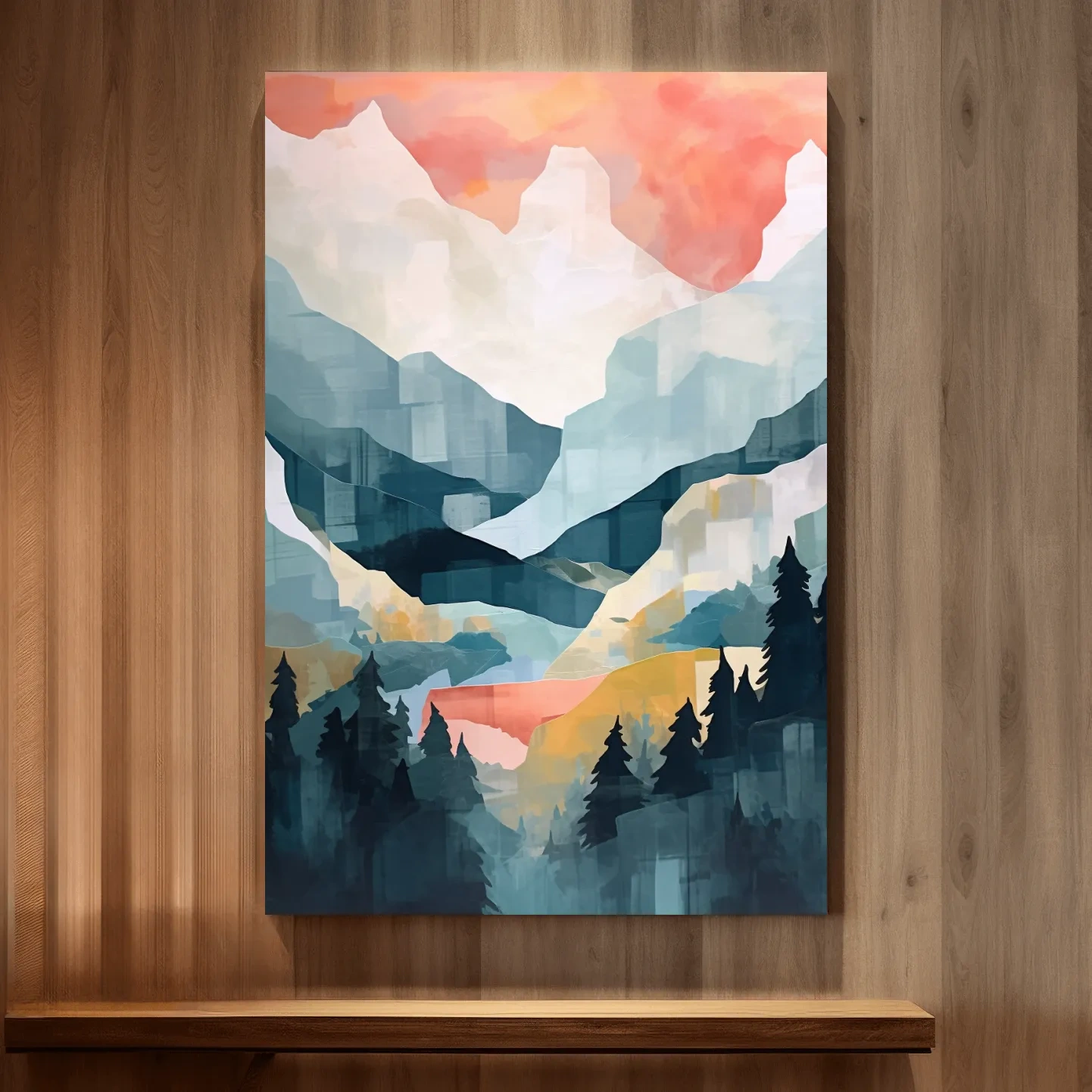 Abstract painting of alpine mountains and trees