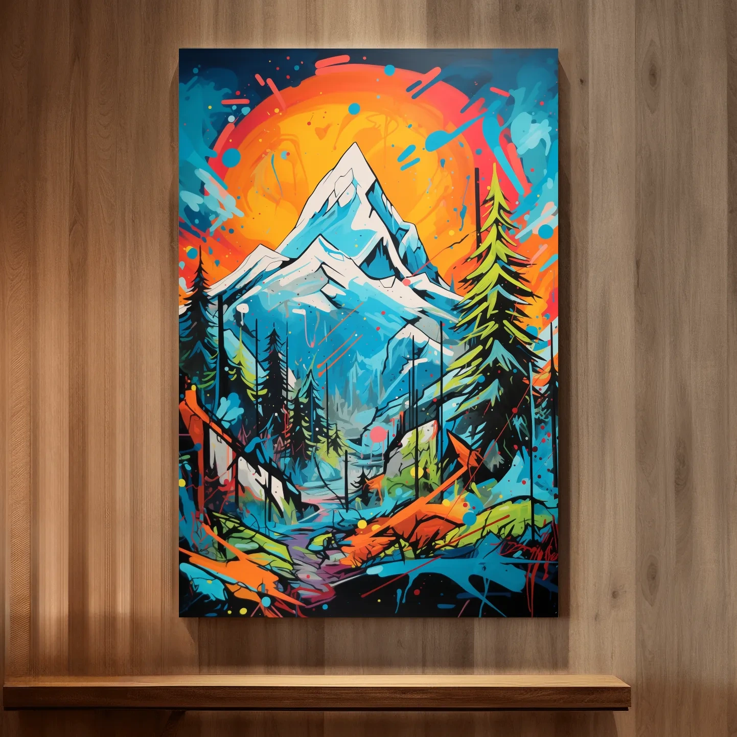 Vibrant Abstract Mountain Sunset Graffitti Painting - Colorful Pop Art Alpine Wall Art