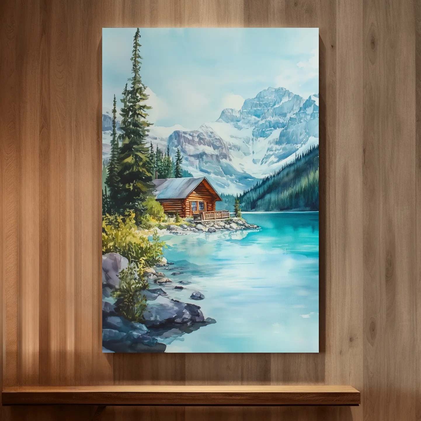 Turquoise Alpine Lake Cabin Watercolor - Serene Snowy Mountain Wall Art