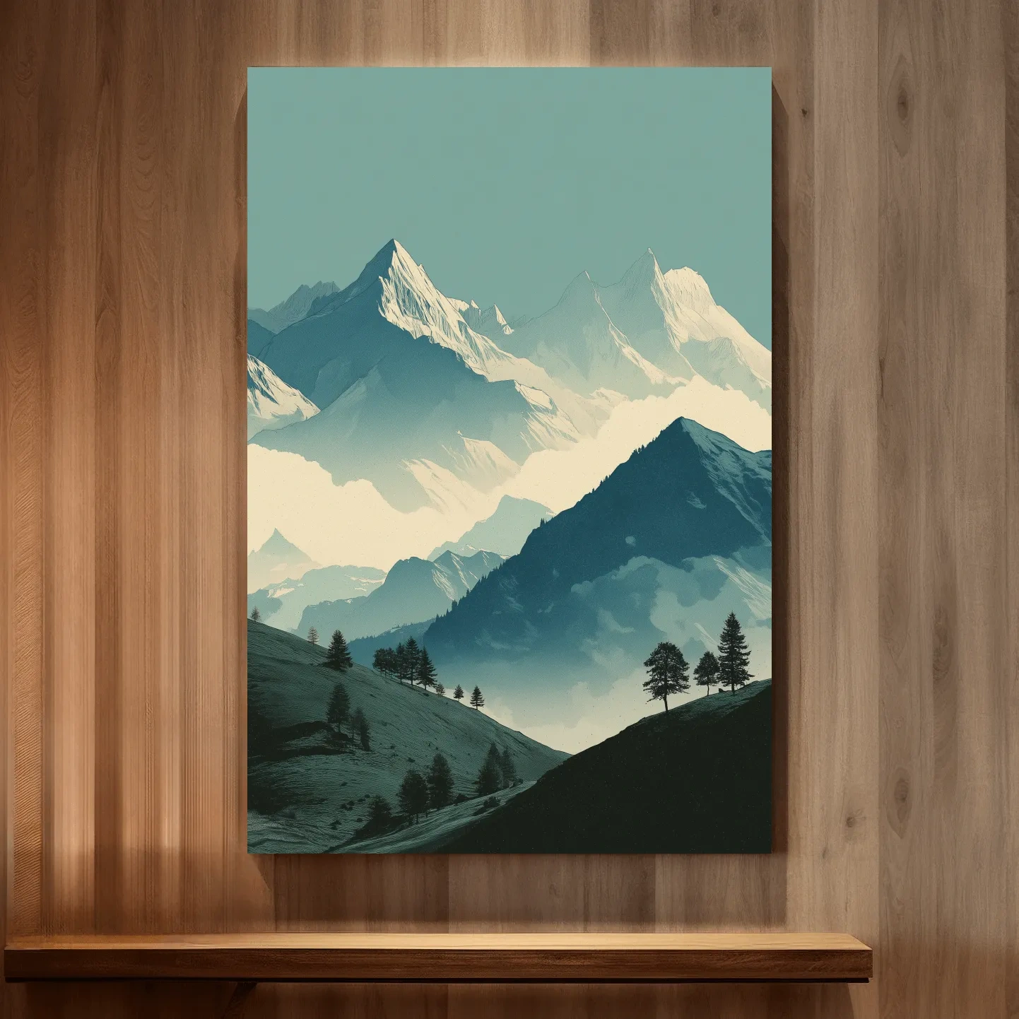 Misty Alpine Mountain Peaks Illustration - Serene Landscape Wall Art