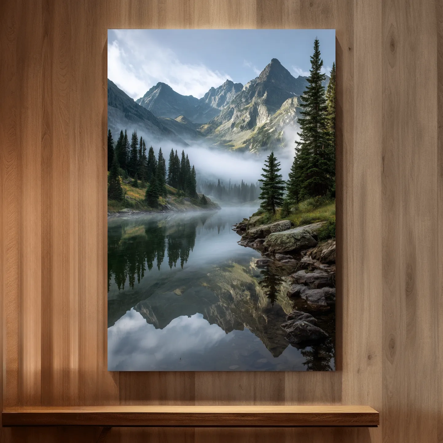 Misty Alpine Lake Photography - Serene Mountain Forest Wall Art