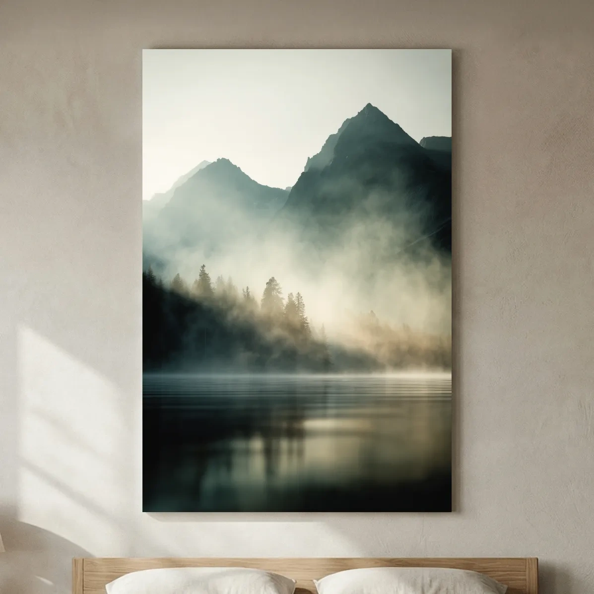 Moody Misty Mountain Lake Landscape - Serene Foggy Pine Forest Wall Art