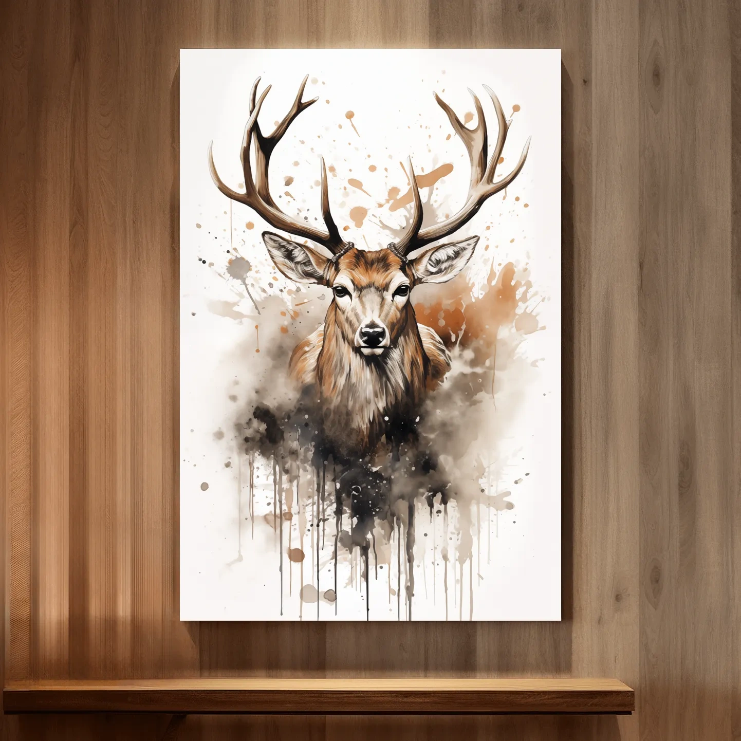 Majestic Stag Watercolor Splash Painting - Rustic Wildlife Wall Art
