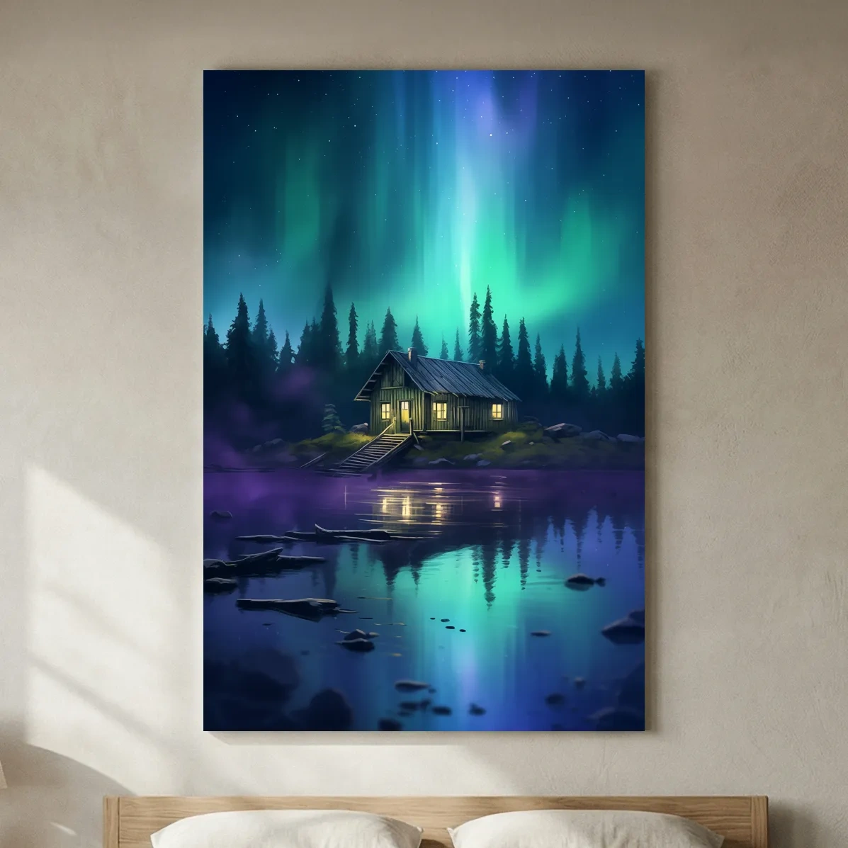 Vibrant Northern Lights Cabin Lake Painting - Aurora Borealis Night Wall Art