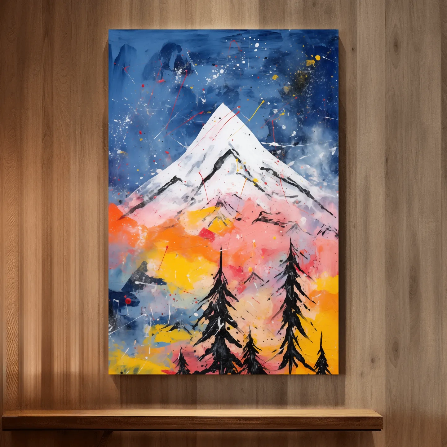 Vibrant Abstract Mountain Peak Sunset Painting - Colorful Acrylic Splash Forest Wall Art