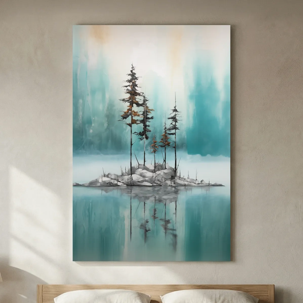 Misty Pine Trees Reflection - Watercolor Turquoise Alpine Lake Wall Art