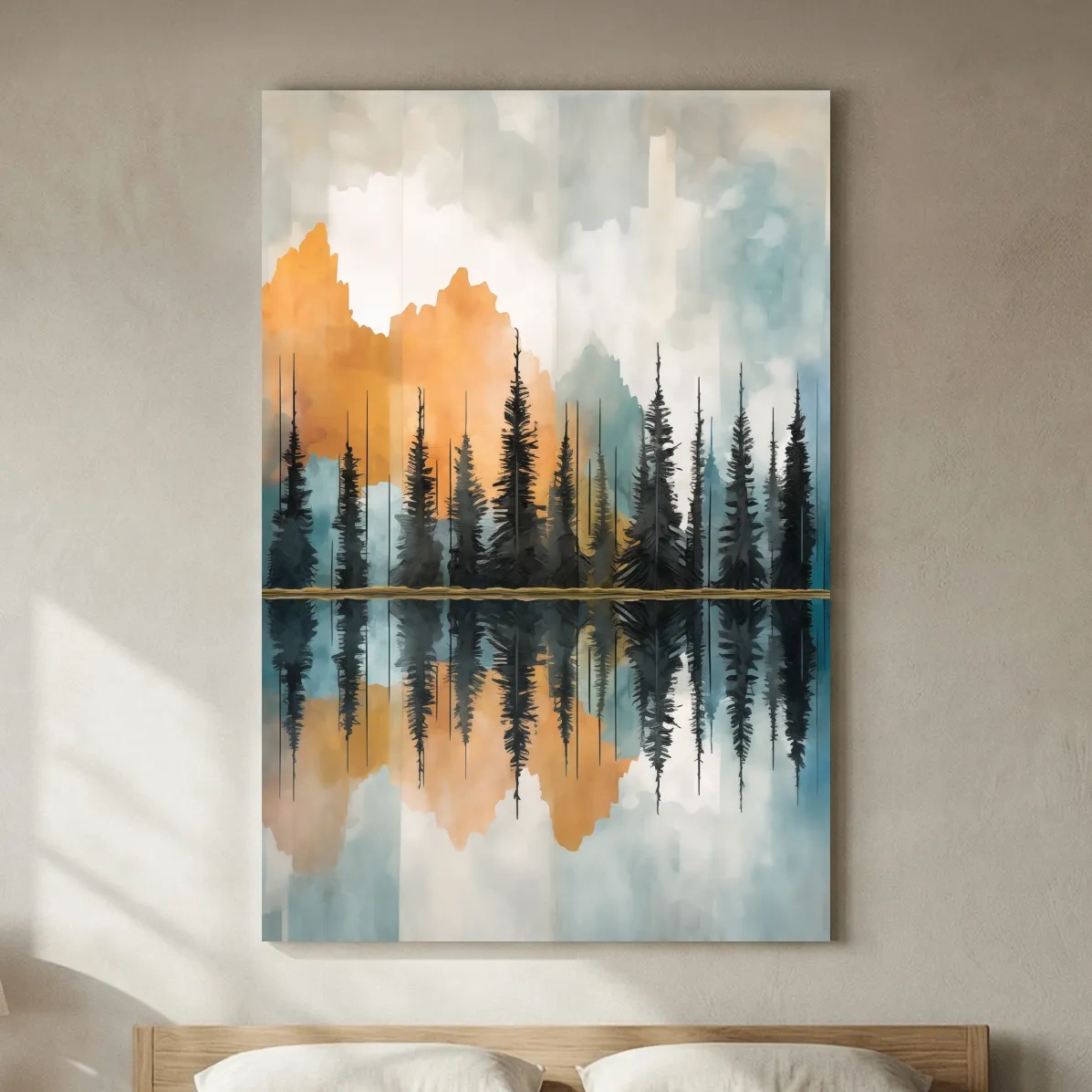 Abstract Watercolor Mountain Lake Reflection - Alpine Forest Landscape Artwork