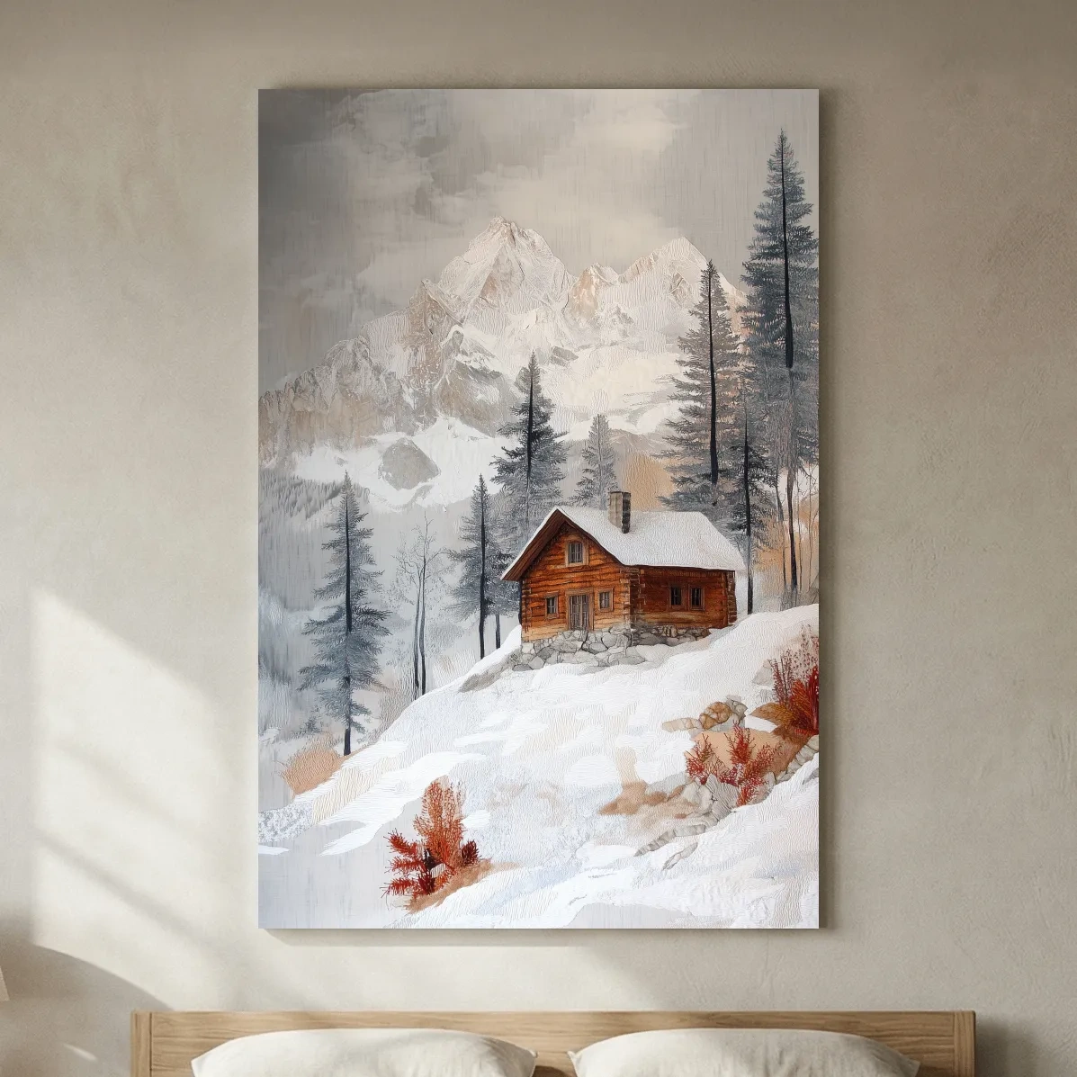 Snowy Mountain Cabin Landscape Painting - Rustic Winter Wilderness Wall Art