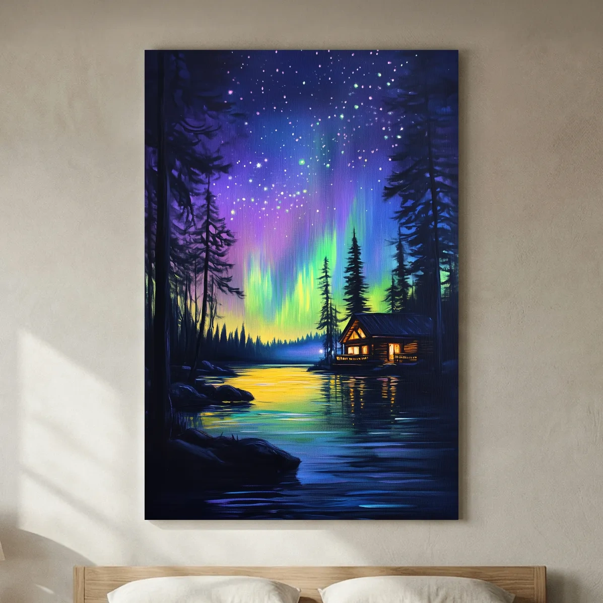 Vibrant Northern Lights Lakeside Cabin Painting - Aurora Borealis Night Landscape Wall Art