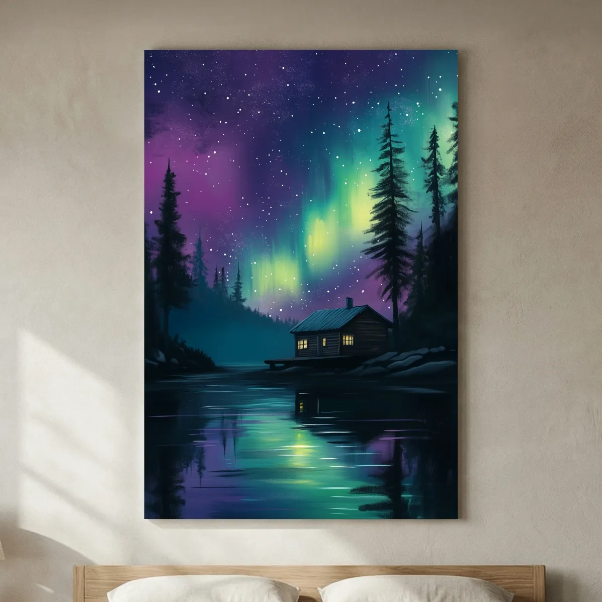 Aurora Borealis Lake Cabin Painting - Northern Lights Wall Art