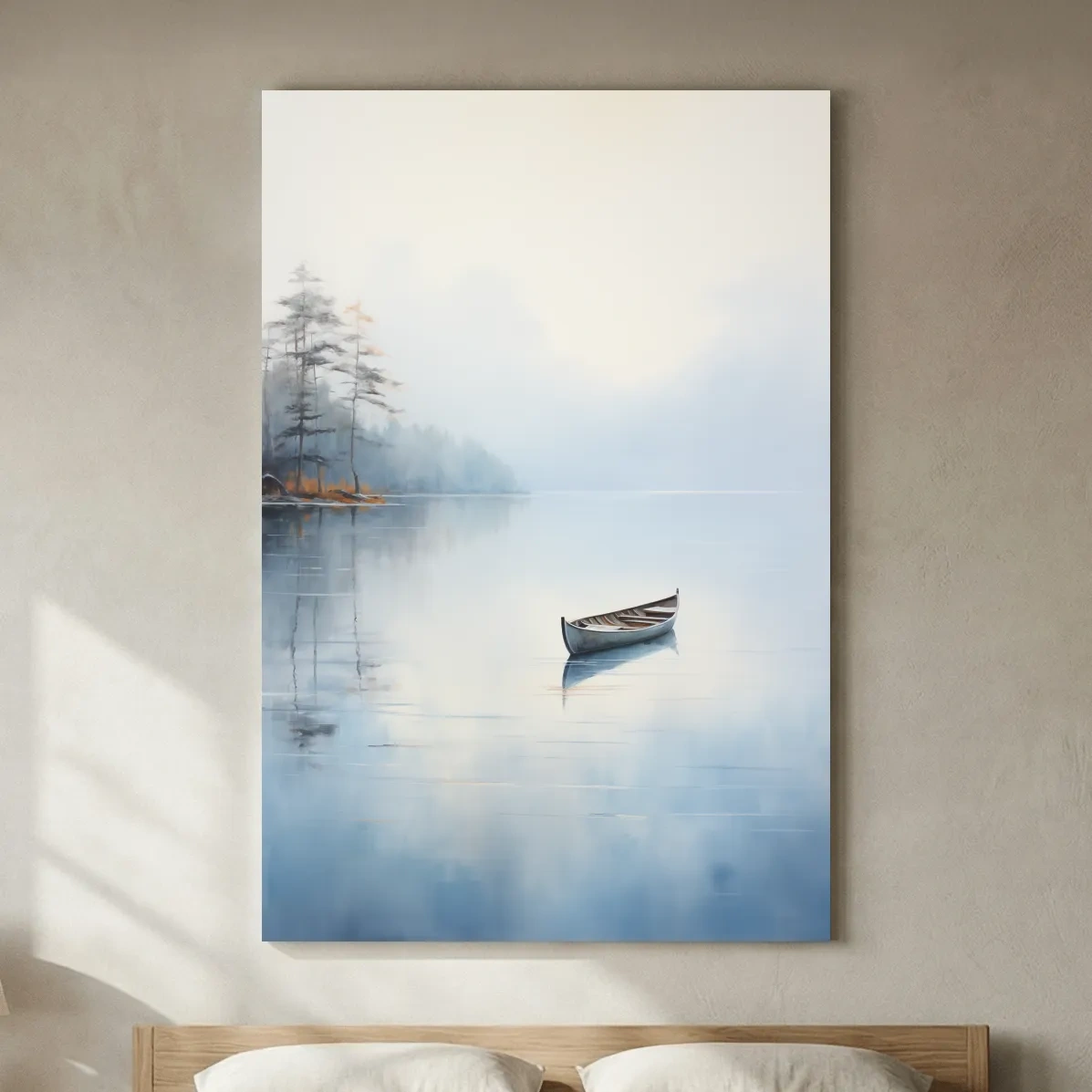 Misty Lake Canoe Reflection Painting - Serene Minimalist Waterscape Wall Art