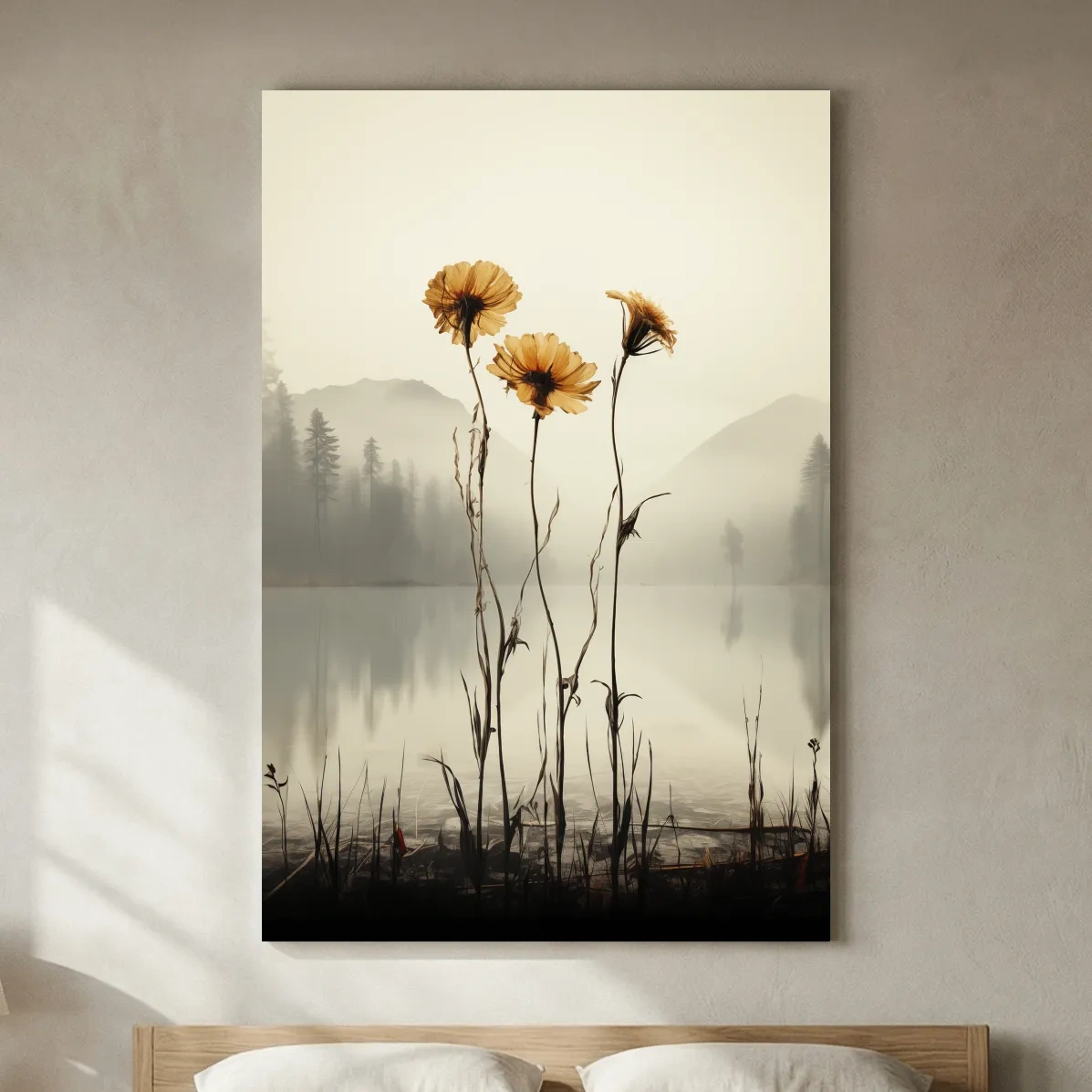 Wildflower Misty Lake Landscape - Minimalist Botanical Wall Art