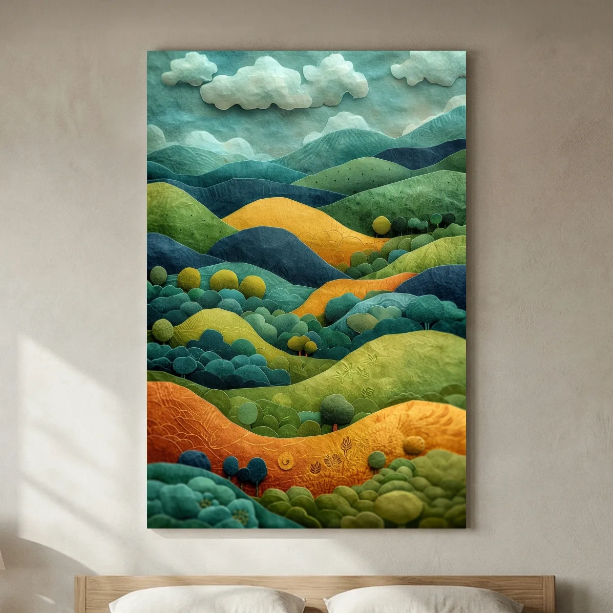 3D Layered Paper Cut Style Mountain Artwork - Whimsical Surreal Landscape Wall Art