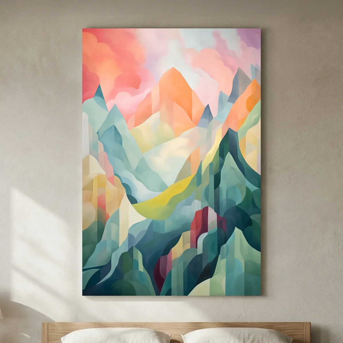 Vibrant Abstract Pastel Mountain Sunset - Geometric Watercolor Style Wall Art
