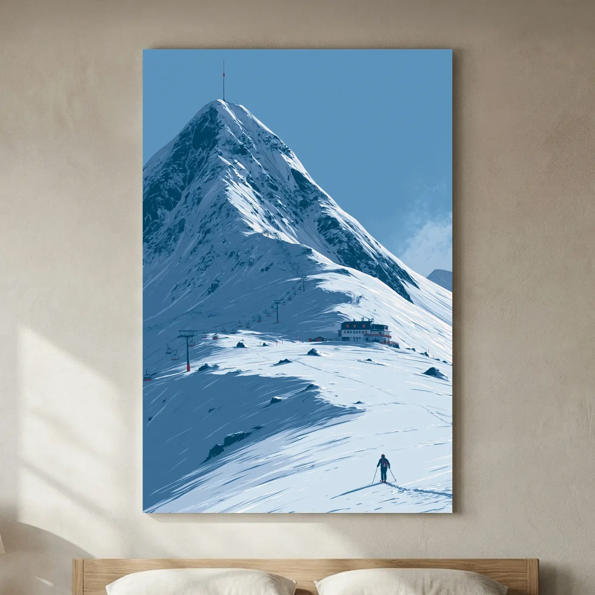 Alpine Mountain Skier Artwork - Minimalist Winter Landscape Wall Art