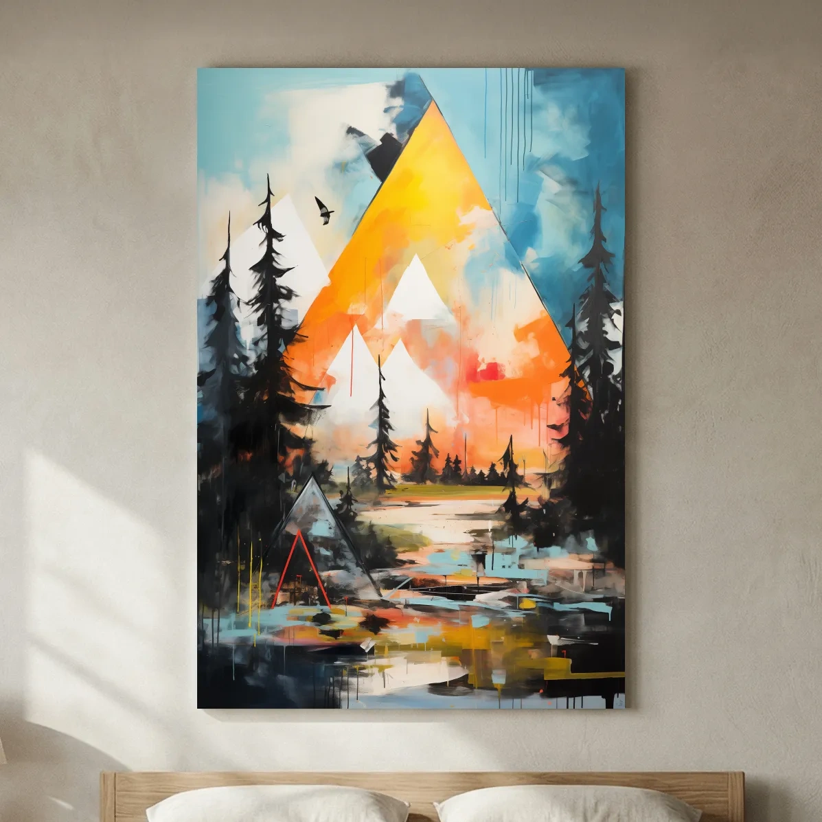 Vibrant Abstract Mountain Painting - Modern Geometric Alpine Forest Wall Art