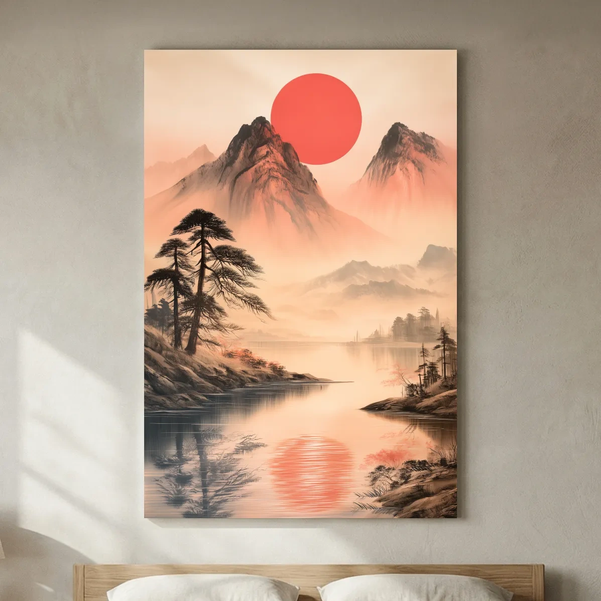 Zen Misty Mountain Lake Sunrise - Japanese Ink Wash Wall Art