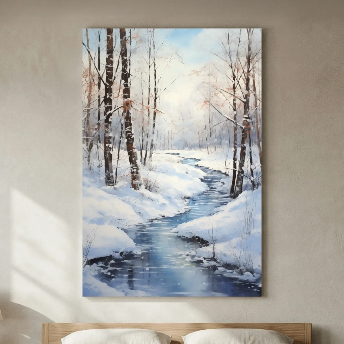 Serene Winter River Forest Painting - Snowy Woodland Wall Art