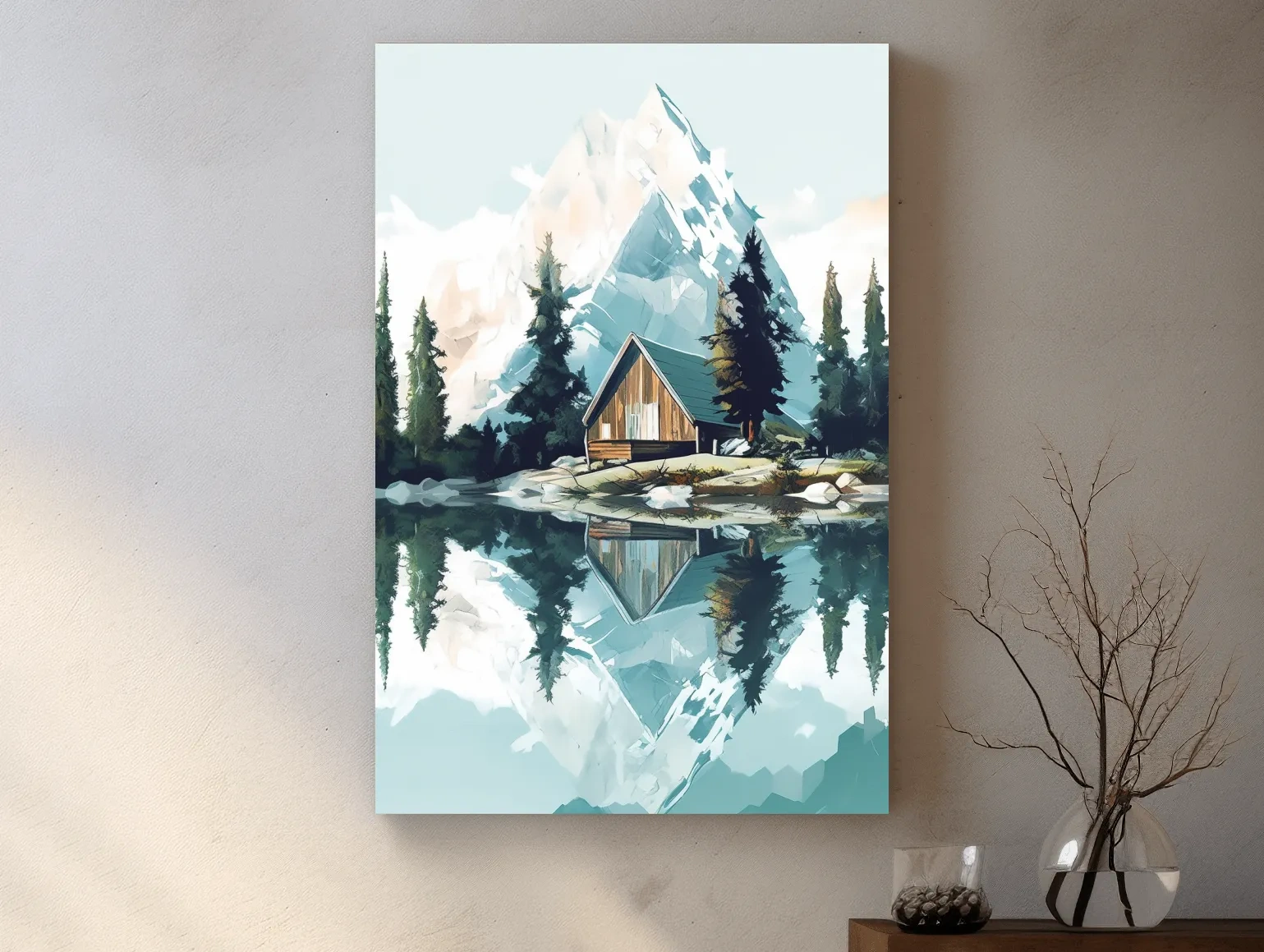 Serene Alpine Cabin Lake Painting - Mountain Landscape Wall Art