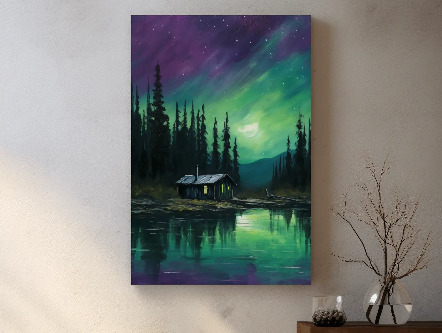 Painting of cabin by a lake under the northern lights night sky