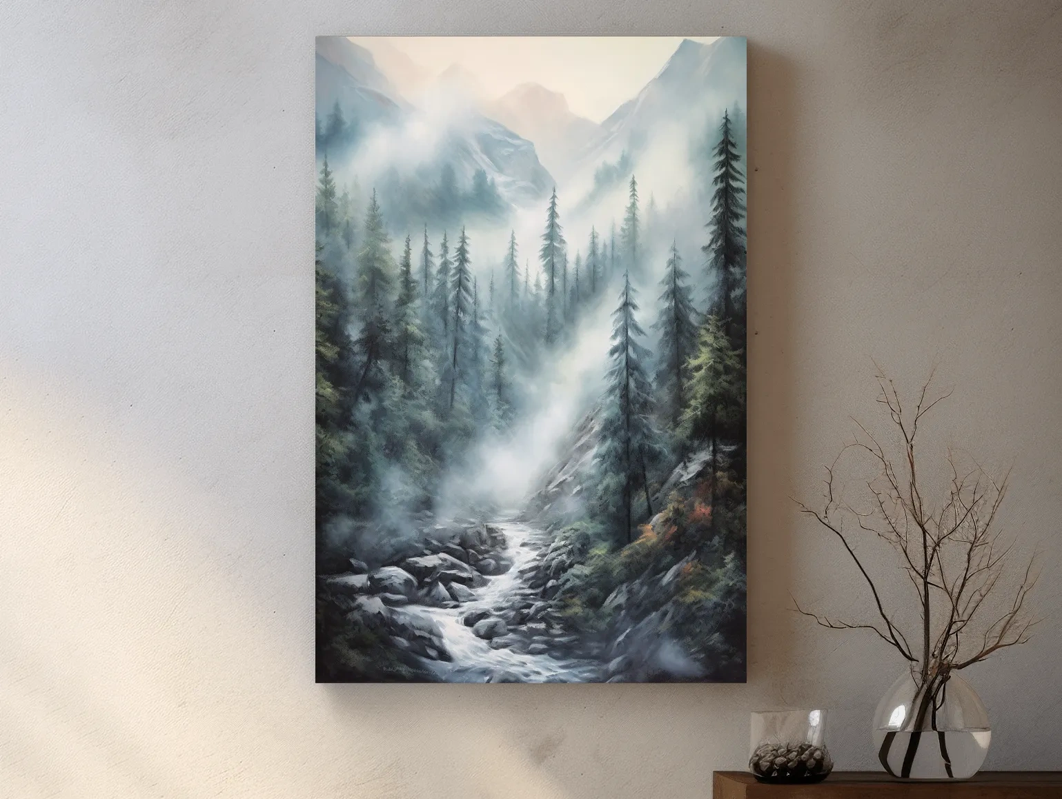 Misty Alpine Pine Forest River Painting - Moody Mountain Landscape Wall Art