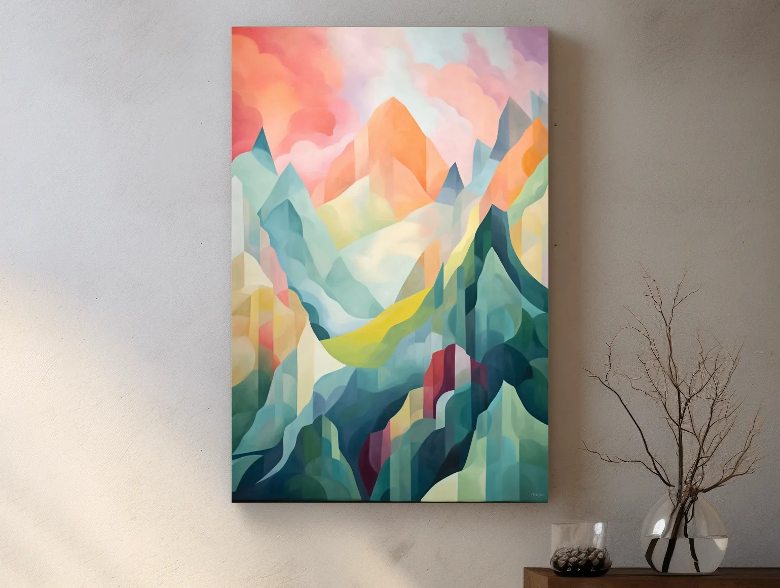 Vibrant Abstract Pastel Mountain Sunset - Geometric Watercolor Style Wall Art