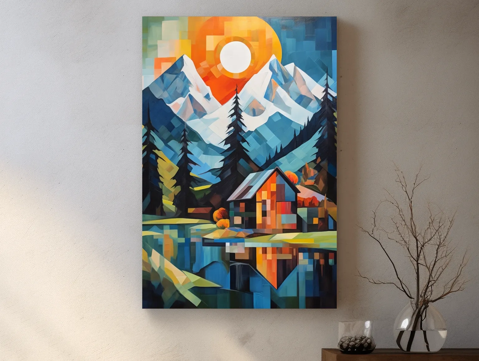 Geometric Alpine Cabin Lake Sunset - Vibrant Impressionist Mountain Wall Art