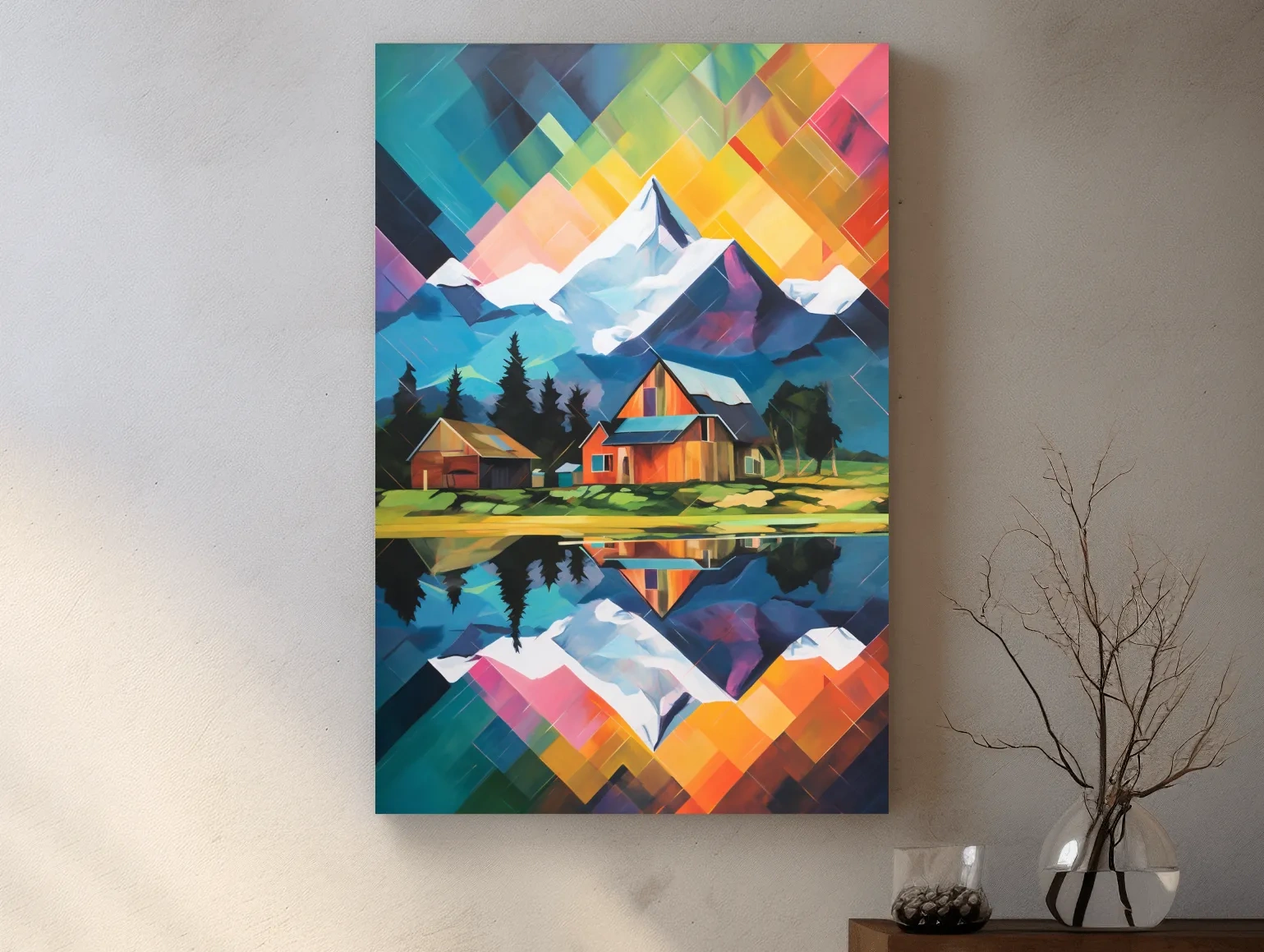 Vibrant Geometric Mountain Cabin Painting - Colorful Abstract Alpine Wall Art