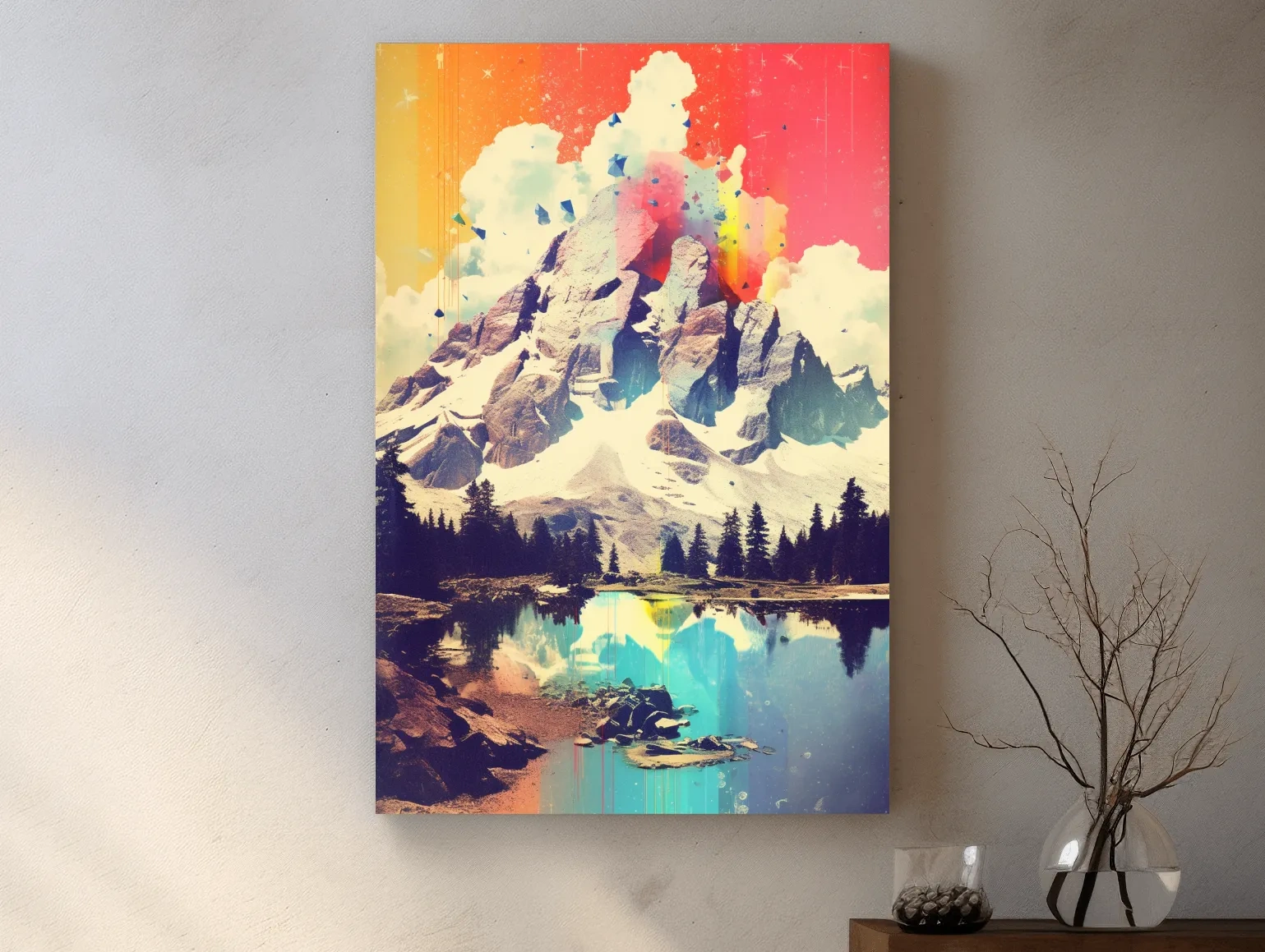 Vibrant Abstract Mountain Lake Painting - Colorful Alpine Landscape Wall Art