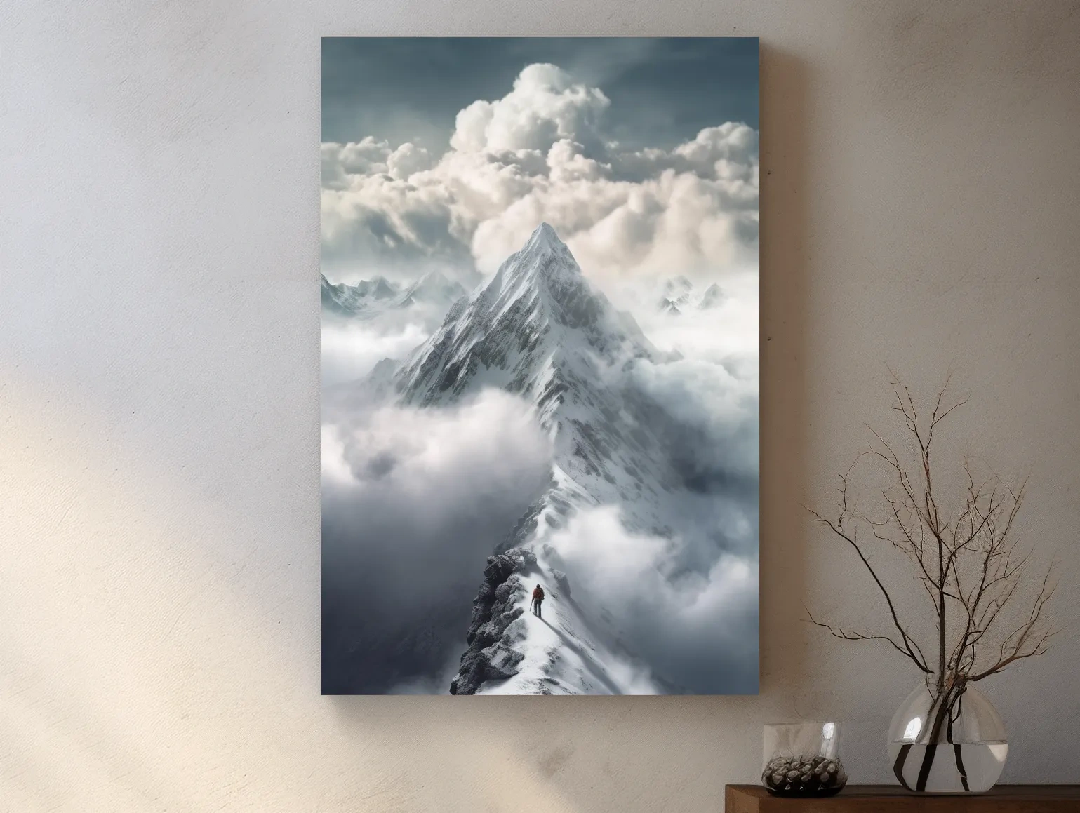 Painting of a person approaching the summit of a snowy mountain