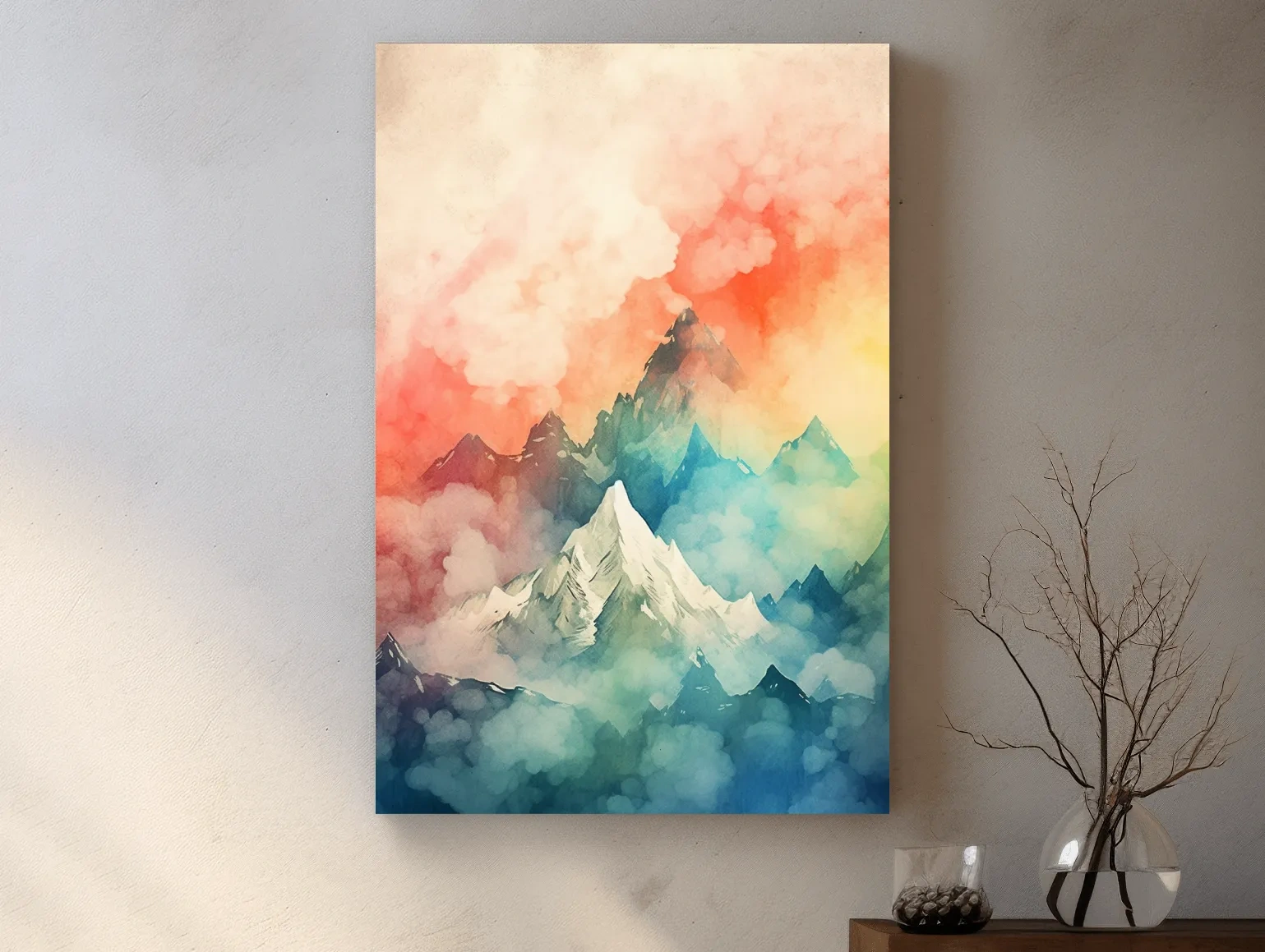 Colourful watercolour painting of a mountain landscape