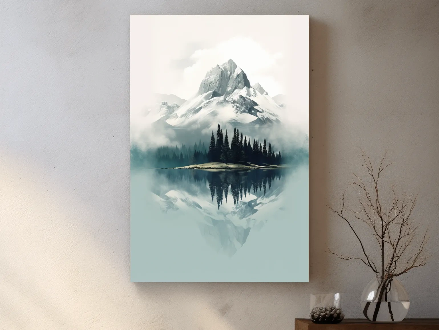 Misty Alpine Mountain Lake Reflection - Minimalist Watercolor Landscape Wall Art